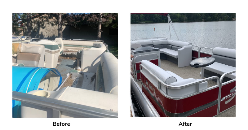 A before and after photo of a pontoon with new, white seats