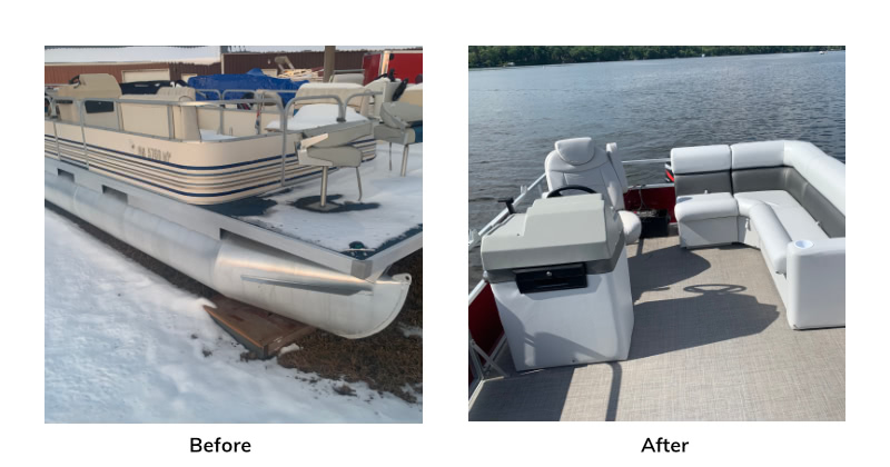A before photo battered pontoon in the snow next to the same pontoon fixed on a lake