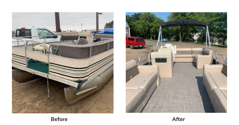 A brown pontoon before and after being restored