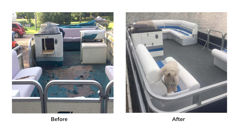 Before and after photos of a repaired pontoon